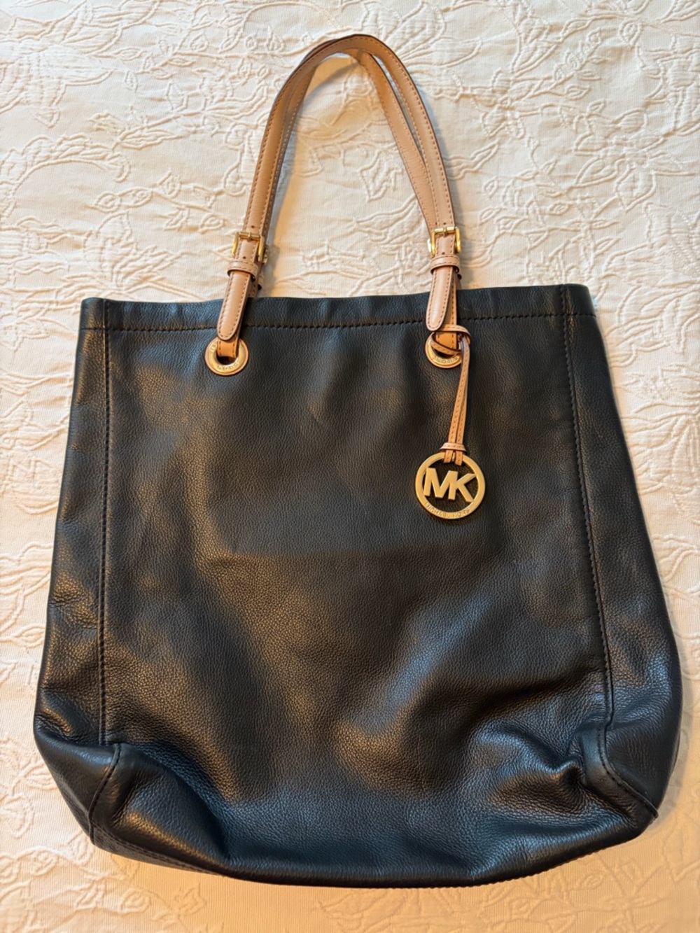 Michael Kors Black Leather Tote with Tan Strap Accents